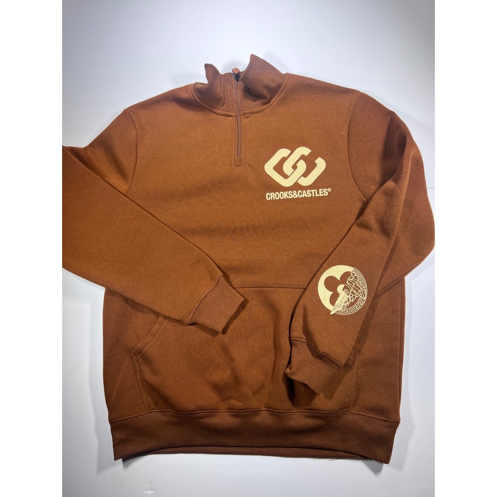 Crooks & Castles Quarter Zip Sweatshirt Mens Medium Brown Logo Graphic Pullover